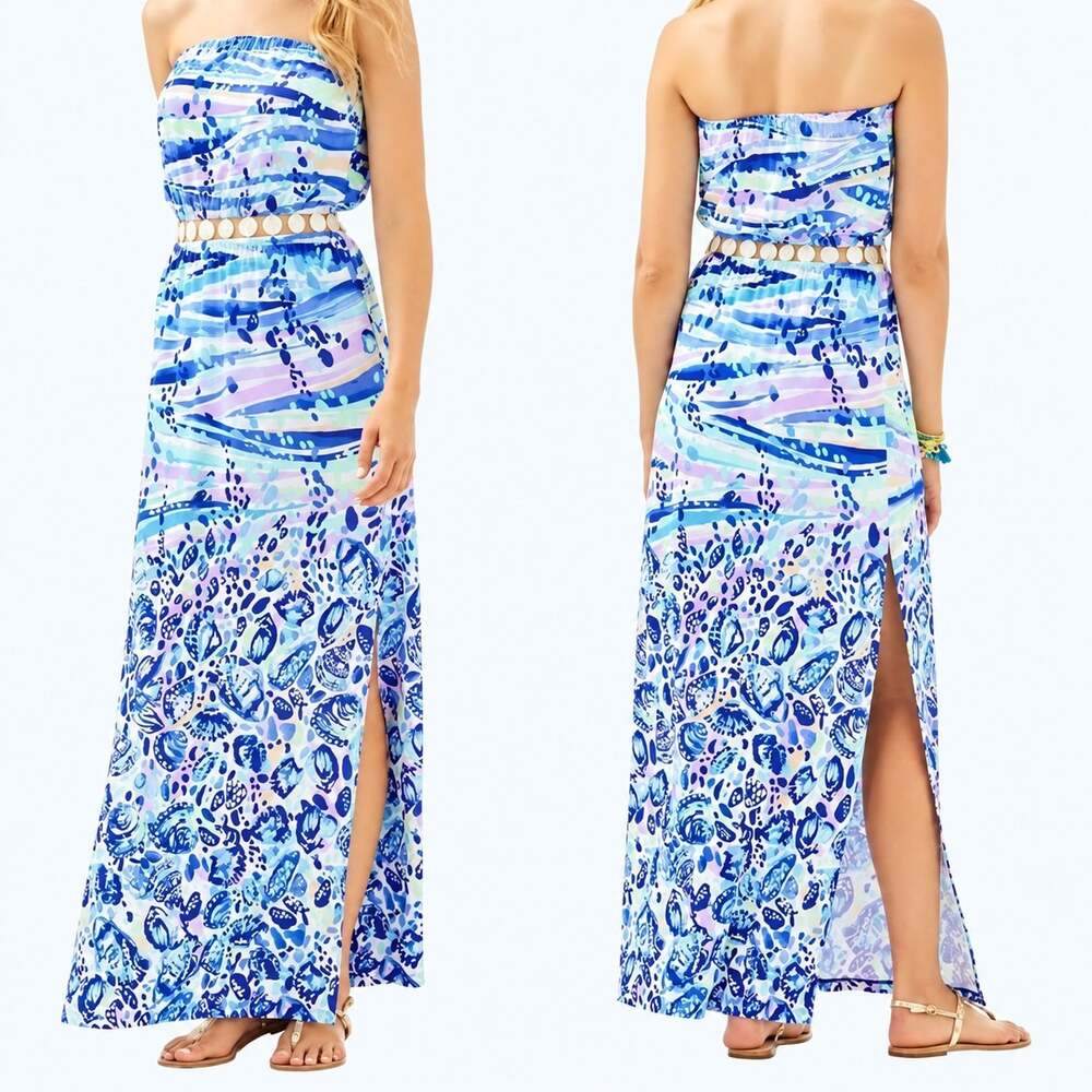 Lilly Pulitzer Mika Strapless Blue Pink Shells Maxi Dress XXS
